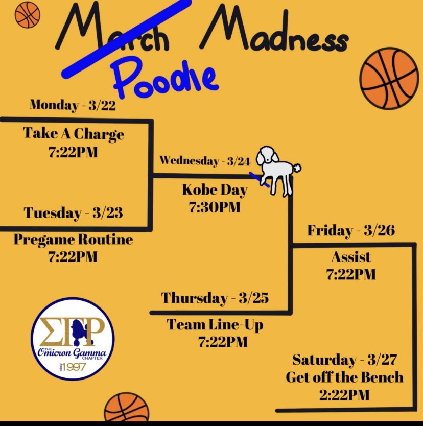 og_sgrho's tweet photo. Does the first round of March Madness have you in a slum? Join the Poodles off the court as we gear up all week long for the final rounds!

#sgrho1922💙💛🐩 #OGTaughtYou https://t.co/FcKOanRJgD