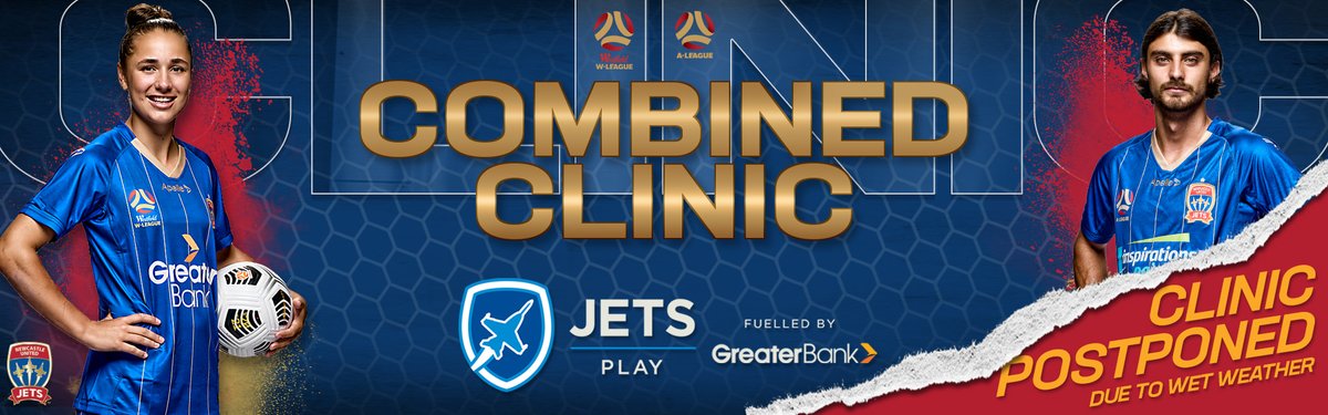 GreaterBankAU's tweet photo. Our Jets:PLAY A League &amp; W League Clinic has been postponed due to wet weather! All registrations are still valid - we've moved the clinic to Monday March 29th from 4-5pm at No.2 Sportsground. Look forward to seeing you then, @NewcastleJetsFC fans! #JetsPLAY #JetsCONNECT 🌧🔴🔵 https://t.co/n7TQgZb7OM