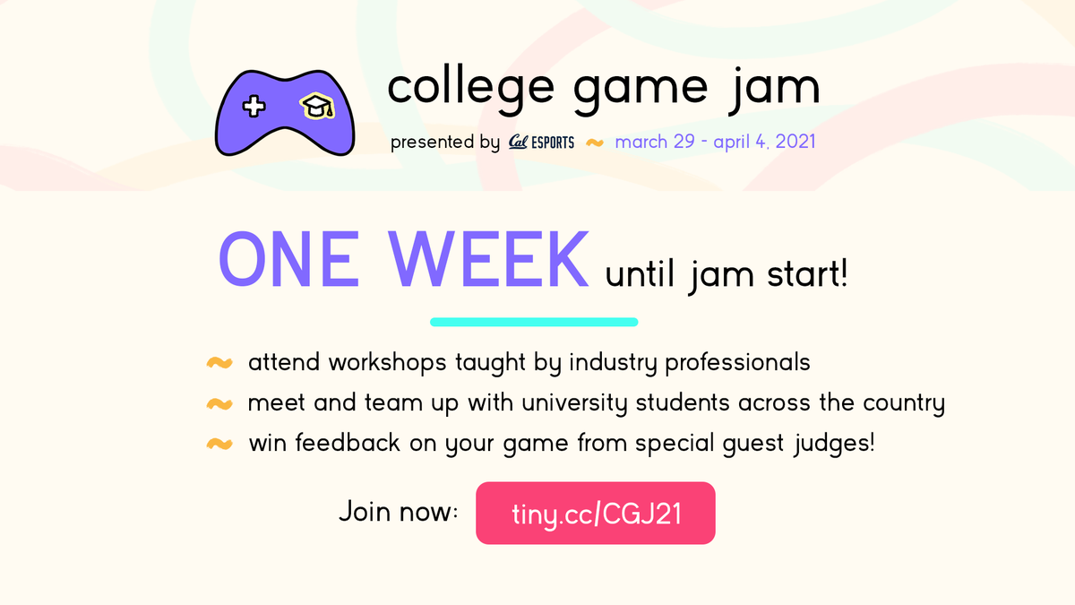 collegegamejam's tweet photo. 🥳 Just ONE week left until the #CollegeGameJam kicks off! 🥳

🎮 Awesome guest judges from Blizzard + Riot Games!
🏅 Prizes + detailed feedback for the top 3 games, scores for all submissions!

➡️ Join the jam on @itchio: https://t.co/49N0wZXzof | #gamejam #studentdev https://t.co/M4lWLSmyZ6