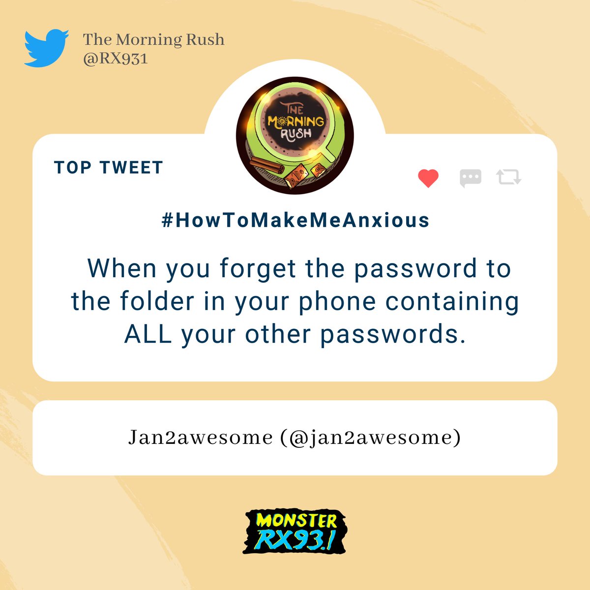 RX931's tweet photo. #HowToMakeMeAnxious from @jan2awesome
#TheMorningRush https://t.co/VYizTZPBcT