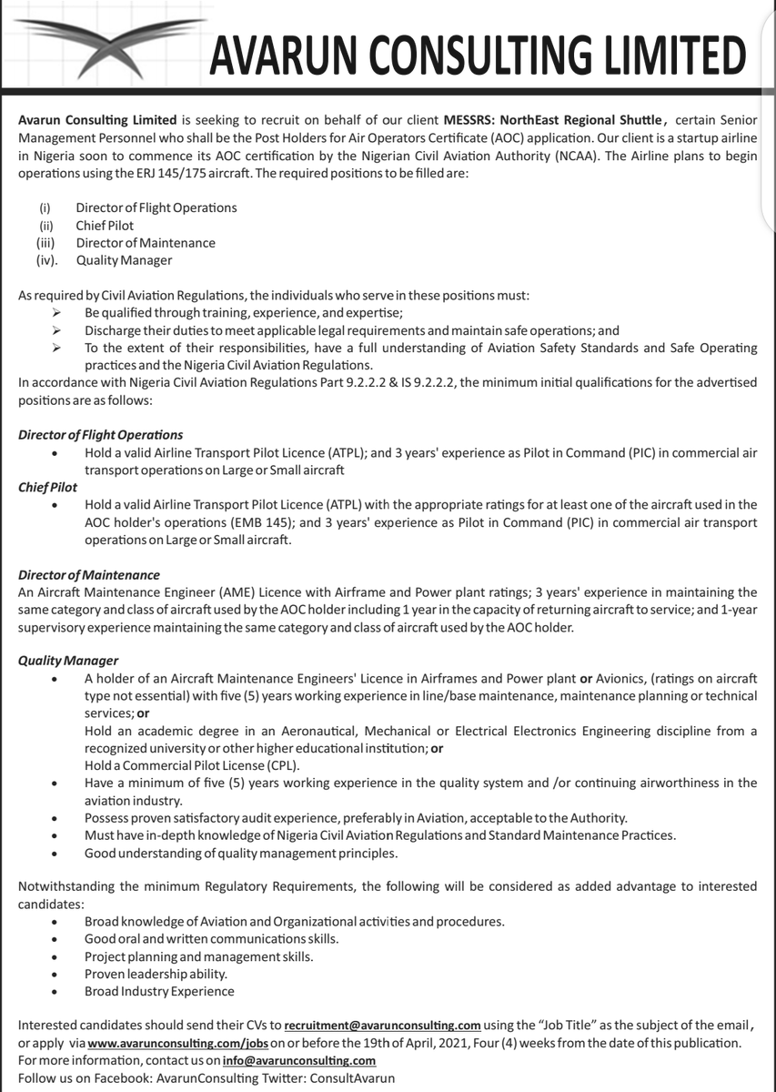 ConsultAvarun's tweet photo. #RECRUITMENT 
Senior Management Personnel @FlyNorthEastern ✈️
1) Director of Flight Operations
2) Director of Maintenance
3) Chief Pilot
4) Quality Manager

#AviationJobs RT &amp; Share
Apply Here 👇🏿
https://t.co/70AH9kPuiM https://t.co/XNbiHWkk88