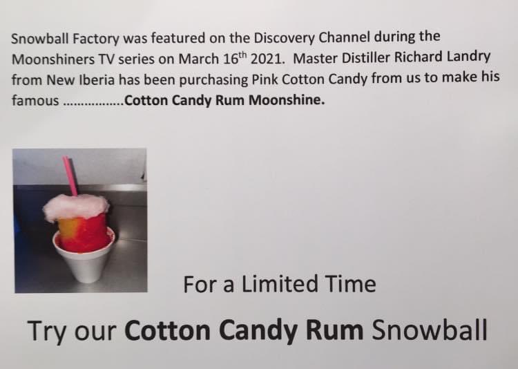 DistillerLandry's tweet photo. Thank you Snowball Factory in #NewIberia for creating the Cotton Candy Rum snowball inspired by the rum I made on the last episode of #Moonshiners. If you’re in the #Acadiana area, grab one soon! #DiscoveryChannel #MasterDistiller #MagillaEntertainment #BayouShiners #Louisiana https://t.co/Oj8klRrNxm