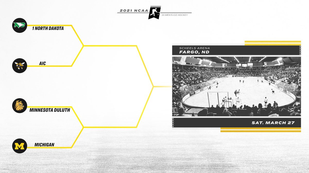 Fargo Regional
📅 Sat. March 27

(1) <a href="/UNDmhockey/">North Dakota Hockey</a> 
🆚
(4) <a href="/AIC_Hockey/">AIC Hockey</a> 
 
(3) <a href="/UMDMensHockey/">UMD Men's Hockey</a> 
🆚
(2) <a href="/umichhockey/">Michigan Hockey</a> 

#NCAAHockey