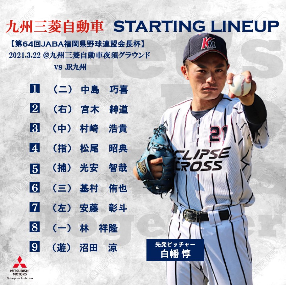 Kmgホールディングス硬式野球部 九州三菱自動車 おはようございます 本日は 第64回jaba福岡野球連盟会長杯の初戦です Vs Jr九州 本日のスタメン発表 試合開始は9 30です 先発ピッチャーは白幡惇です 応援よろしくお願いします