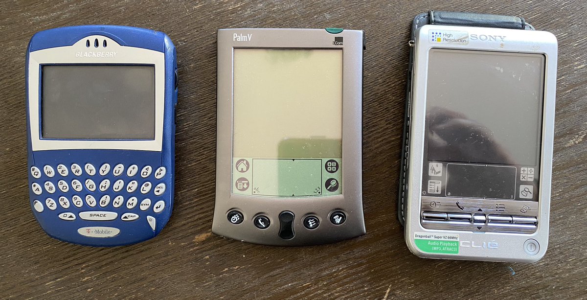 RohitG's tweet photo. Found these in a box in the garage #palm #blackberry #clie. Pre-smartphone devices that paved the way for smartphones. https://t.co/8msuXc1lk5
