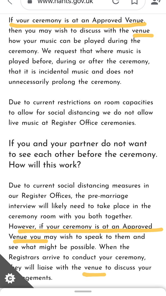 JWarrenBasham's tweet photo. Here is the word venue used several times “If your ceremony is at an Approved venue” there is nowhere stating we cannot get married in our licensed venue on the 29.03.21 with 6 people? @WAWofficialUK @UKweddingsOrg @JonathanLord @hantsconnect https://t.co/IQiv2oUt2B