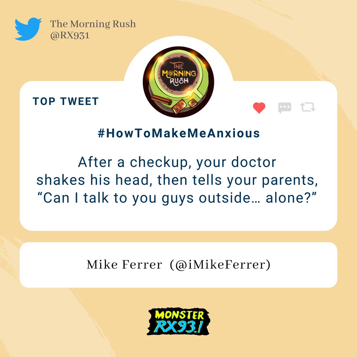 RX931's tweet photo. #HowToMakeMeAnxious from @iMikeFerrer
#TheMorningRush https://t.co/VuNMMH83xr