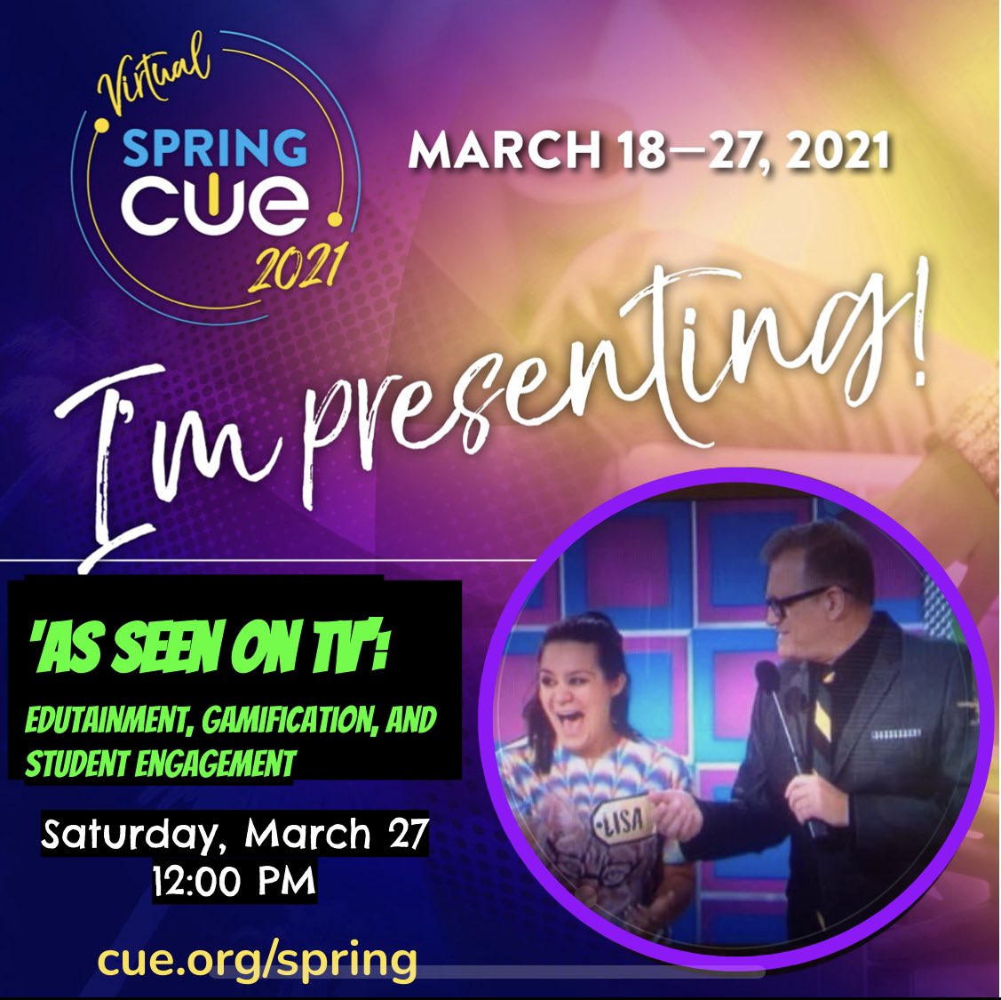 🎉 #SpringCUE Attendees...COME ON DOWN! 🎉 

Join me next Saturday, March 27 at Noon for my session ‘As Seen On TV’ as we dive into all things #Edutainment, #Gamification, and #StudentEngagement!

Lessons, laughter, and prizes! 

⭐️ ⭐️ ⭐️ ⭐️ ⭐️ ⭐️ ⭐️ ⭐️ ⭐️ ⭐️