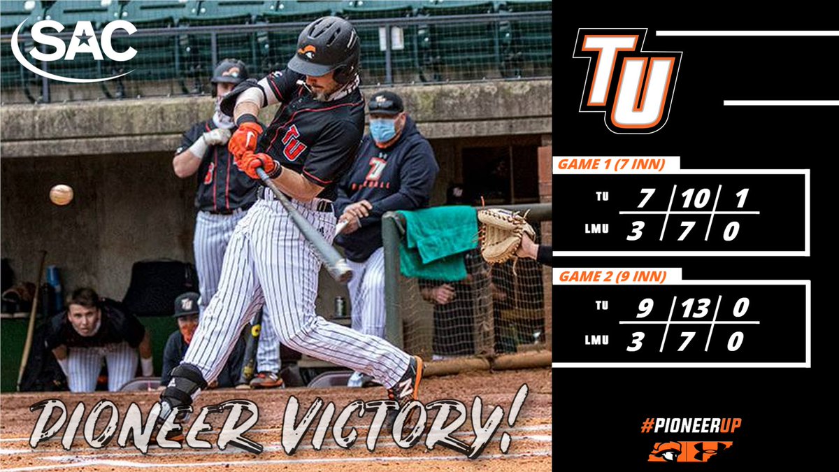 PIONEERS WIN! A doubleheader sweep for <a href="/TusculumBSB/">Tusculum Baseball</a> as the Pioneers take 3-of-4 in the series against Lincoln Memorial. Luis Ezra finished the day with 6 hits and 2 RBI, while Tyler Harmon recorded 12 K's in game two for TU. #WeArePioneers #PioneerUP