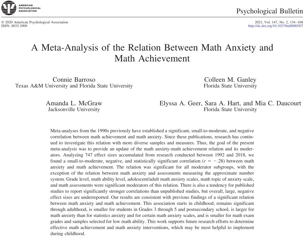 Centre for Numeracy Development and Learning (@mqnumeracy) on Twitter photo We are sharing "A meta-analysis of the relation between math anxiety and math achievement"
Very interesting work from <a href="/cbg131/">Connie Barroso</a> <a href="/colleenganley/">Colleen Ganley</a> <a href="/AmandaLeeMcGraw/">Amanda Lee McGraw</a> <a href="/GeerPsych/">Elyssa A. Geer, Ph.D.</a> <a href="/saraannhart/">Dr. Sara A. Hart</a> & <a href="/MiaDaucourt/">Dr. Mia C. Daucourt</a> looking at factors that can impact this relationship.
doi.org/10.1037/bul000⦠We are sharing "A meta-analysis of the relation between math anxiety and math achievement"
Very interesting work from <a href="/cbg131/">Connie Barroso</a> <a href="/colleenganley/">Colleen Ganley</a> <a href="/AmandaLeeMcGraw/">Amanda Lee McGraw</a> <a href="/GeerPsych/">Elyssa A. Geer, Ph.D.</a> <a href="/saraannhart/">Dr. Sara A. Hart</a> & <a href="/MiaDaucourt/">Dr. Mia C. Daucourt</a> looking at factors that can impact this relationship.
doi.org/10.1037/bul000ā¦