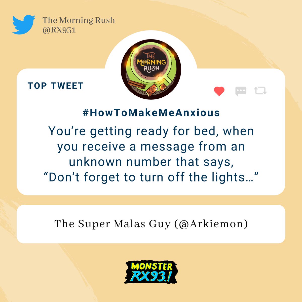 RX931's tweet photo. #HowToMakeMeAnxious from @Arkiemon
#TheMorningRush https://t.co/5BE0vzvoH2