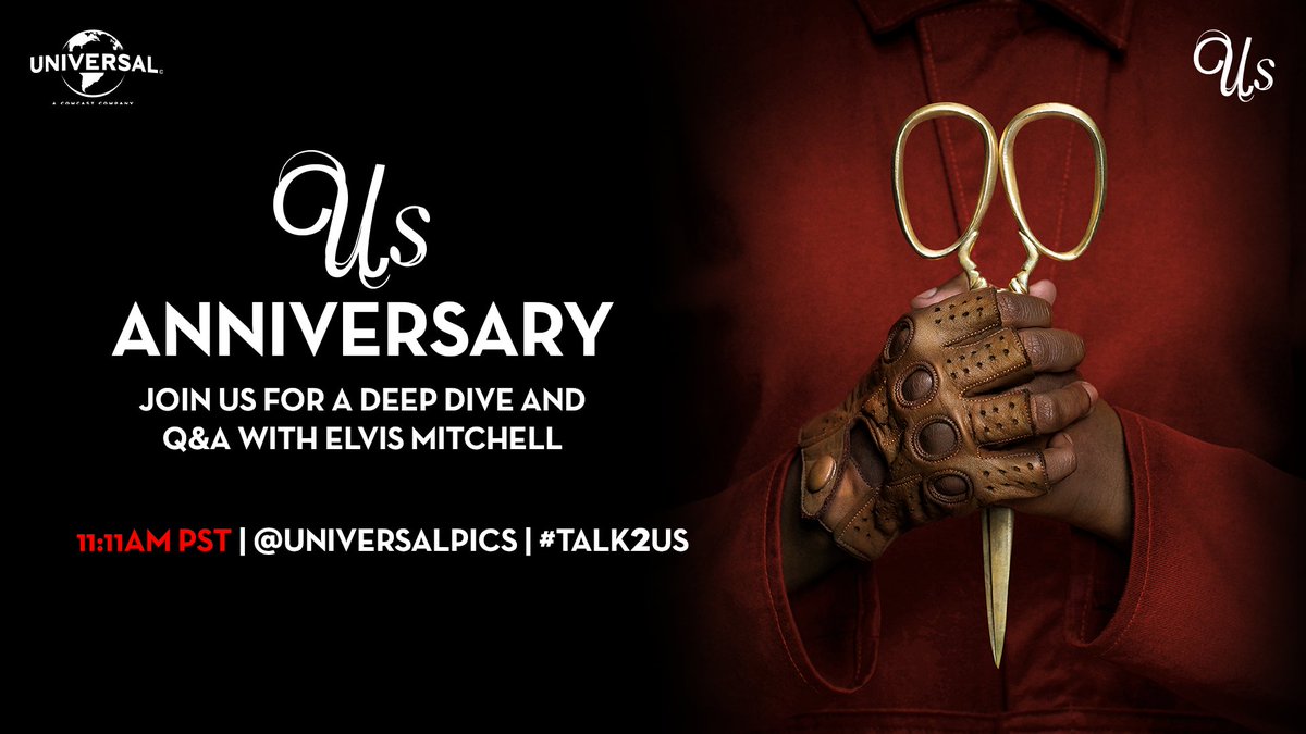 Universal Pictures (@universalpics) on Twitter photo If you want to get crazy. We can get crazy. Are you ready to revisit Us on its anniversary? ✂️
Film critic <a href="/ElvisMitchell/">Elvis Mitchell</a> is taking over our Twitter account at 11:11 to do a deep dive and take on your questions. Tweet us your theories and questions with the hashtag #Talk2Us.👇 If you want to get crazy. We can get crazy. Are you ready to revisit Us on its anniversary? ✂️
Film critic <a href="/ElvisMitchell/">Elvis Mitchell</a> is taking over our Twitter account at 11:11 to do a deep dive and take on your questions. Tweet us your theories and questions with the hashtag #Talk2Us.👇