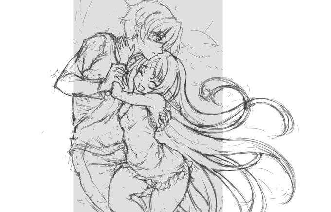 仕上げるときは髪の毛は殆ど切れちゃうんですけど流れを確認するためにある程度描いてる(実際残るのはグレーの範囲) 