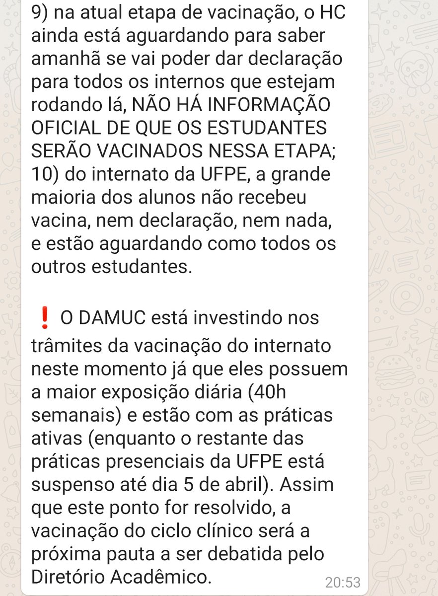 SusanaAndrade_'s tweet photo. 💥💥 Cobrança a POLÍTICOS!! 💥💥

@JoaoCampos 
@PauloCamara40 

Estudantes de medicina da UFPE continuam sem previsão de vacinação mesmo  trabalhando 40h semanais no hospital das clínicas de Recife!! https://t.co/wYFe5Q2EkR https://t.co/4Ds5ngxvqK
