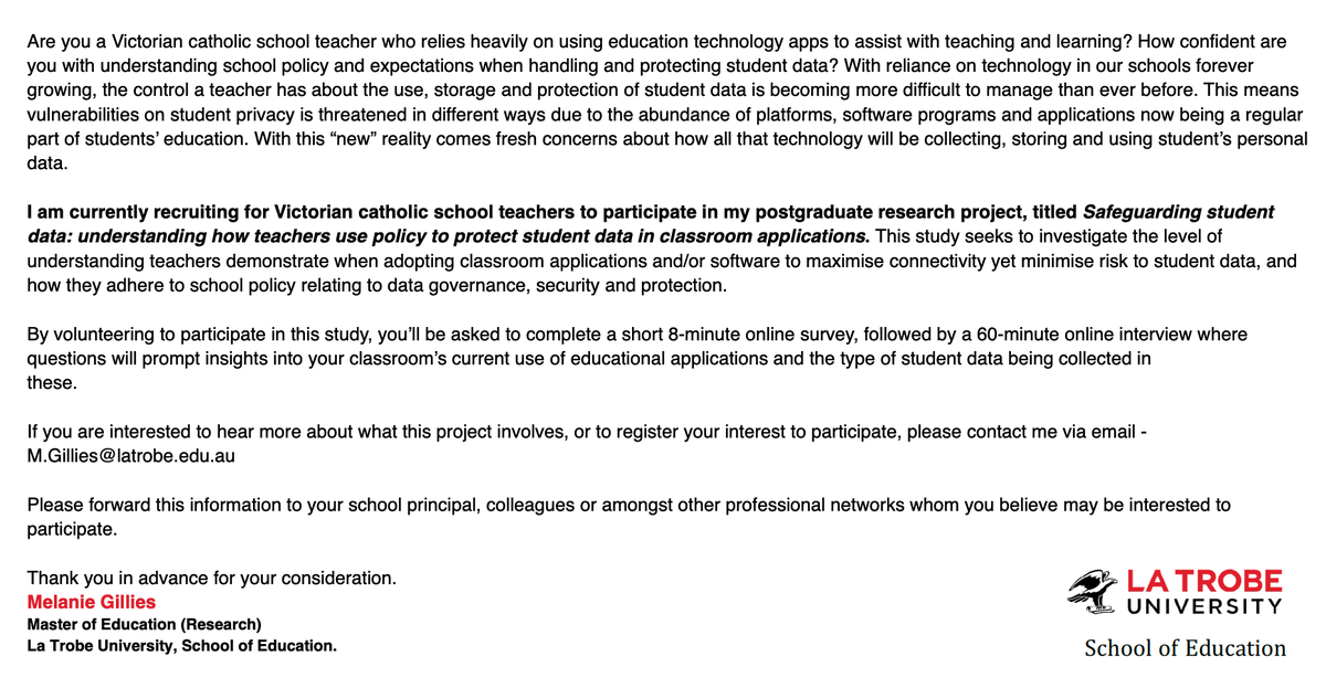 melaniekgillies's tweet photo. Are you a VIC Catholic school teacher who relies on using #EdTech in the classroom? I'm looking for 3 teachers from the 1 catholic school to participate in my masters research project, exploring teacher awareness towards safeguarding student data. DM me for further detail. https://t.co/rTx8bJogzu