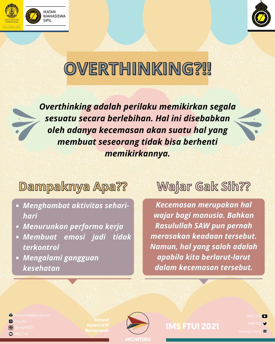 ftuirosil's tweet photo. [PENSI : VOL. 1 (OVERTHINKING)]

Assalamu'alaikum Warahmatullahi Wabarakatuh, Pagi Sipil!

ROSIL membawa tema "OVERTHINKING" untuk PENSI : VOL.1!!

Jadi OVERTHINKING itu baik tidak yaa buat kita? Wajar ngga sih sebenarnya? Apa jangan-jangan OVERTHINKING malah menambah dosa kita?! https://t.co/3bnTTD3eWJ