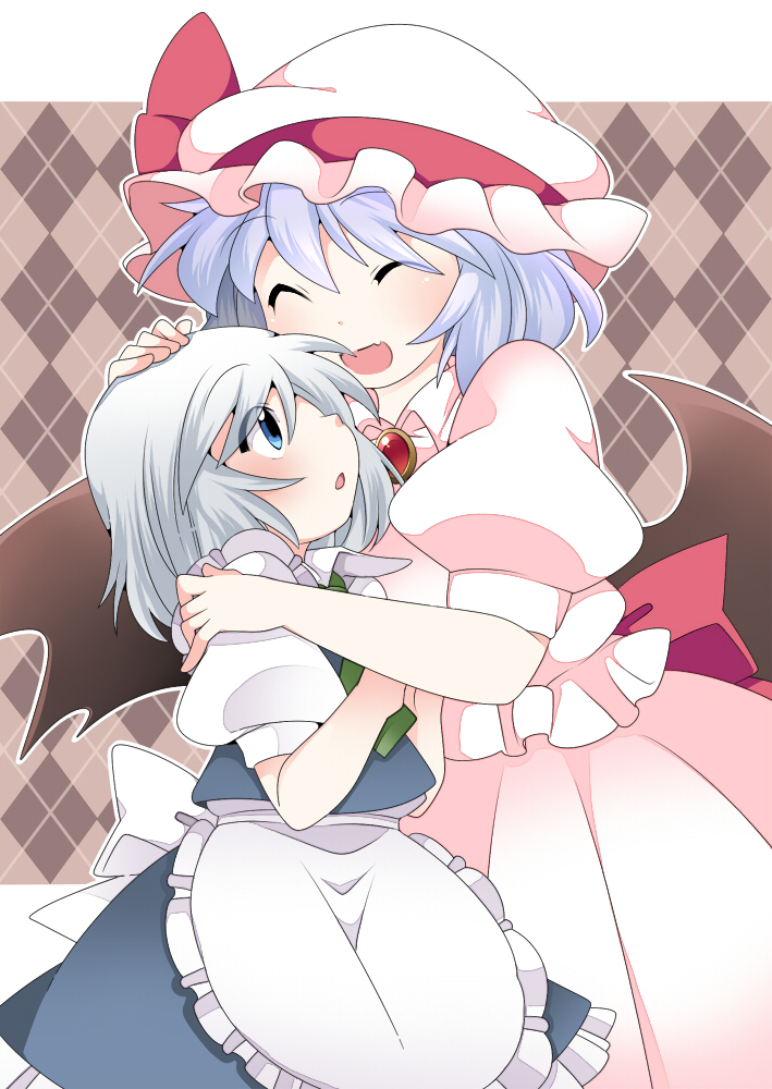 izayoi sakuya ,remilia scarlet multiple girls 2girls wings blue eyes closed eyes bat wings smile  illustration images