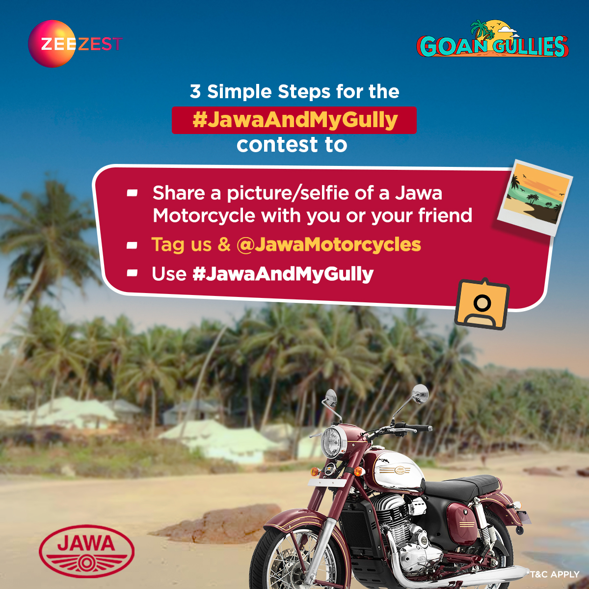 ZeeZest_'s tweet photo. To participate in the #JawaAndMyGully contest all you have to do is send in your or any friend’s picture/selfie with a Jawa motorcycle.
Tag us and @JawaMotorcycles and stand a chance to win Jawa Motorcycle goodies worth Rs. 1000.
#GoanGulliesWithJawa #GoaingWithJawa #ZeeZest https://t.co/iwHu4qb7mQ