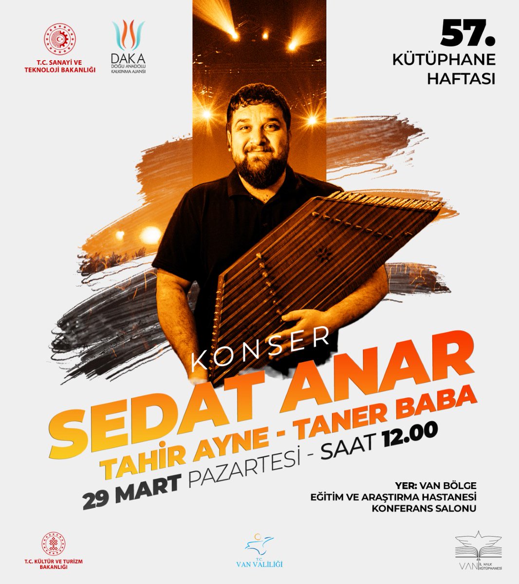 #DAKAdesteğiyle

📢 5⃣7⃣. Kütüphane Haftası açılışını Sağlık Personelleri için muazzam bir konser ile hastanede yapıyoruz.

🎶Santur Ustası Sedat ANAR
🗓️29 Mart Pazartesi ⏰12.00
📍Van Bölge Eğitim ve Araştırma Hastanesi Konferans Salonu

<a href="/valibilmez/">Mehmet Emin Bilmez</a> <a href="/OdabasAli/">Ali Odabaş</a> <a href="/higuray65/">Halil İbrahim GÜRAY</a>