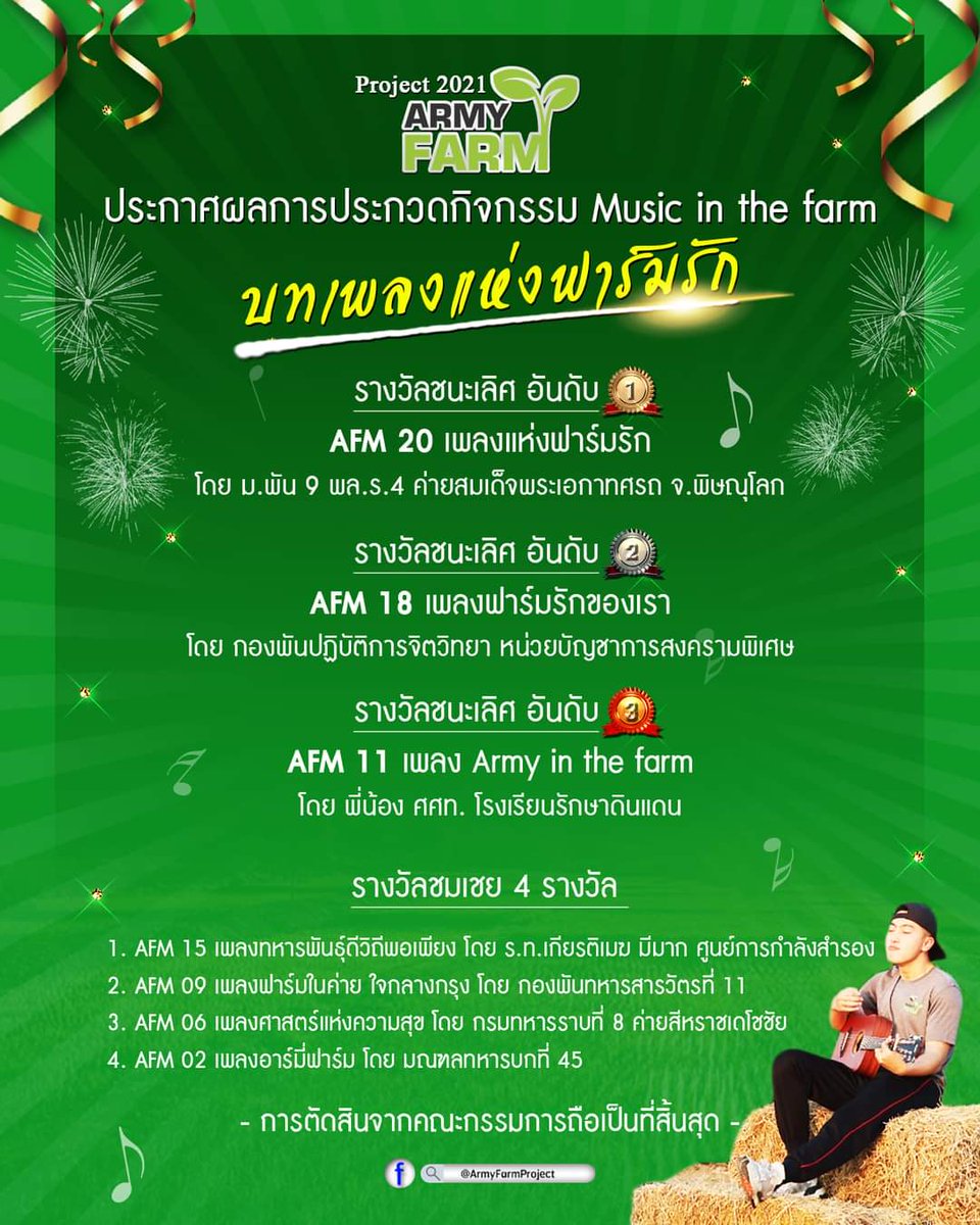 SMART_RTA's tweet photo. ประกาศผลกิจกรรม Music in the farm 
การประกวด “บทเพลงแห่งฟาร์มรัก” 🌱🎼🎵

#การตัดสินจากคณะกรรมการถือเป็นที่สิ้นสุด

#ArmyFarm 🌱
#ArmyFarmProject2021
#ArmyFarmFun
#MusicInTheFarm 
#สืบสานรักษาต่อยอด 
#โครงการพระราชดําริ 
#โครงการทหารพันธุ์ดี 
#โครงการเกษตรรวมใจ
#โคกหนองนาโมเดล https://t.co/7JExSmykNX