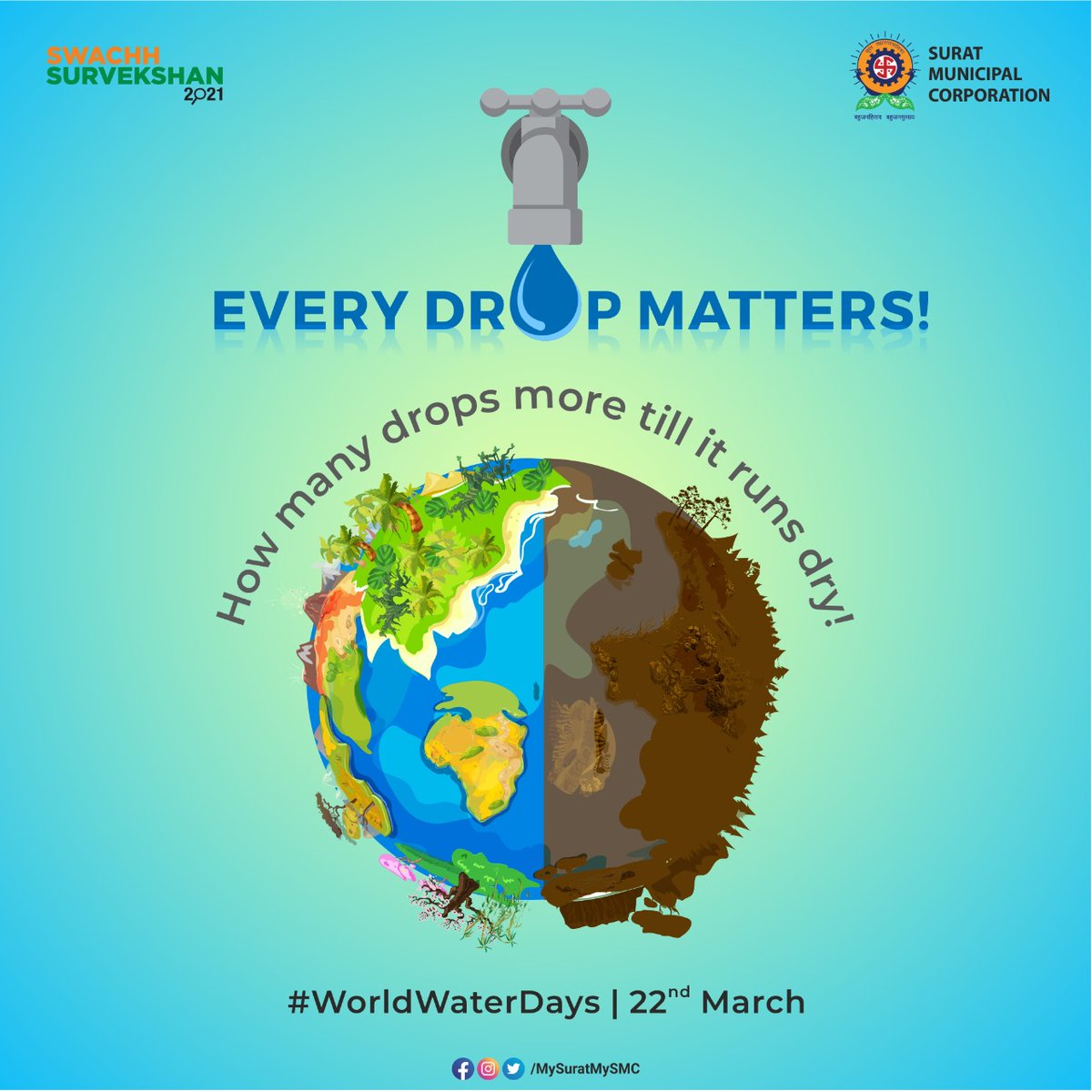 MySuratMySMC's tweet photo. On 22nd March #WorldWaterDay let’s take an oath to stop the excess waste of water by closing the taps tightly shut, by getting your plumbing devices regularly serviced & by keeping our water bodies clean/pollution free. #No1BanegaSurat #MariTapi #SwachhSurvekshan2021Surat https://t.co/cZ2UKfRXya
