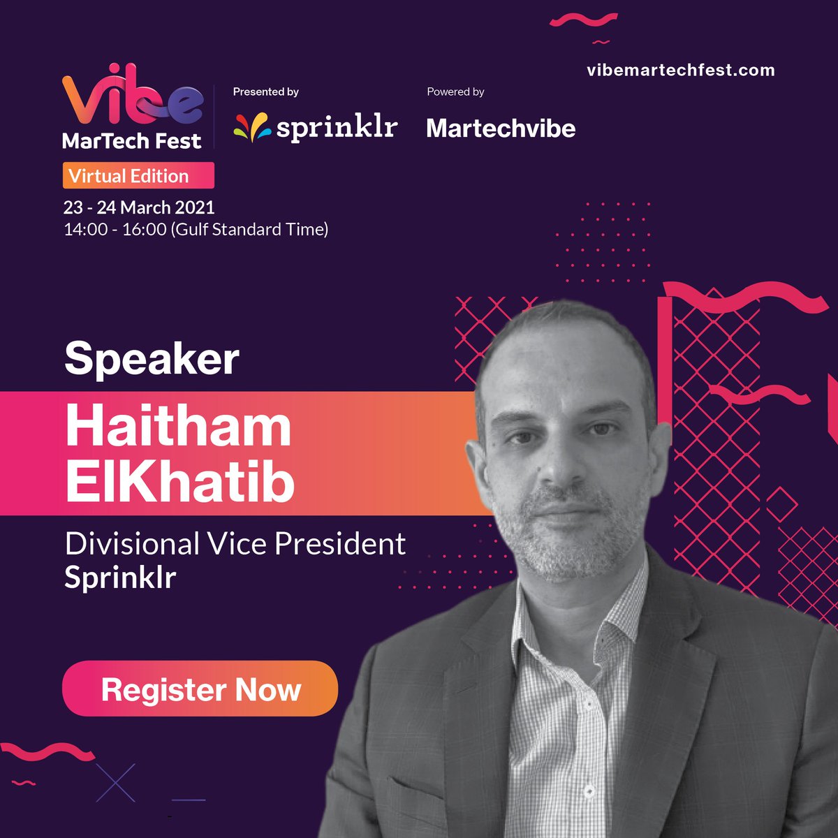 MartechVibe's tweet photo. We are pleased to welcome Haitham ElKhatib, Divisional Vice President, Sprinklr, as one of our expert speakers at the VMF Couch Edition! 

Reserve your seat now! https://t.co/sGJt5UzQ20. #martech #marketing #technology #digitalmarketing https://t.co/DHmhxIPS7X