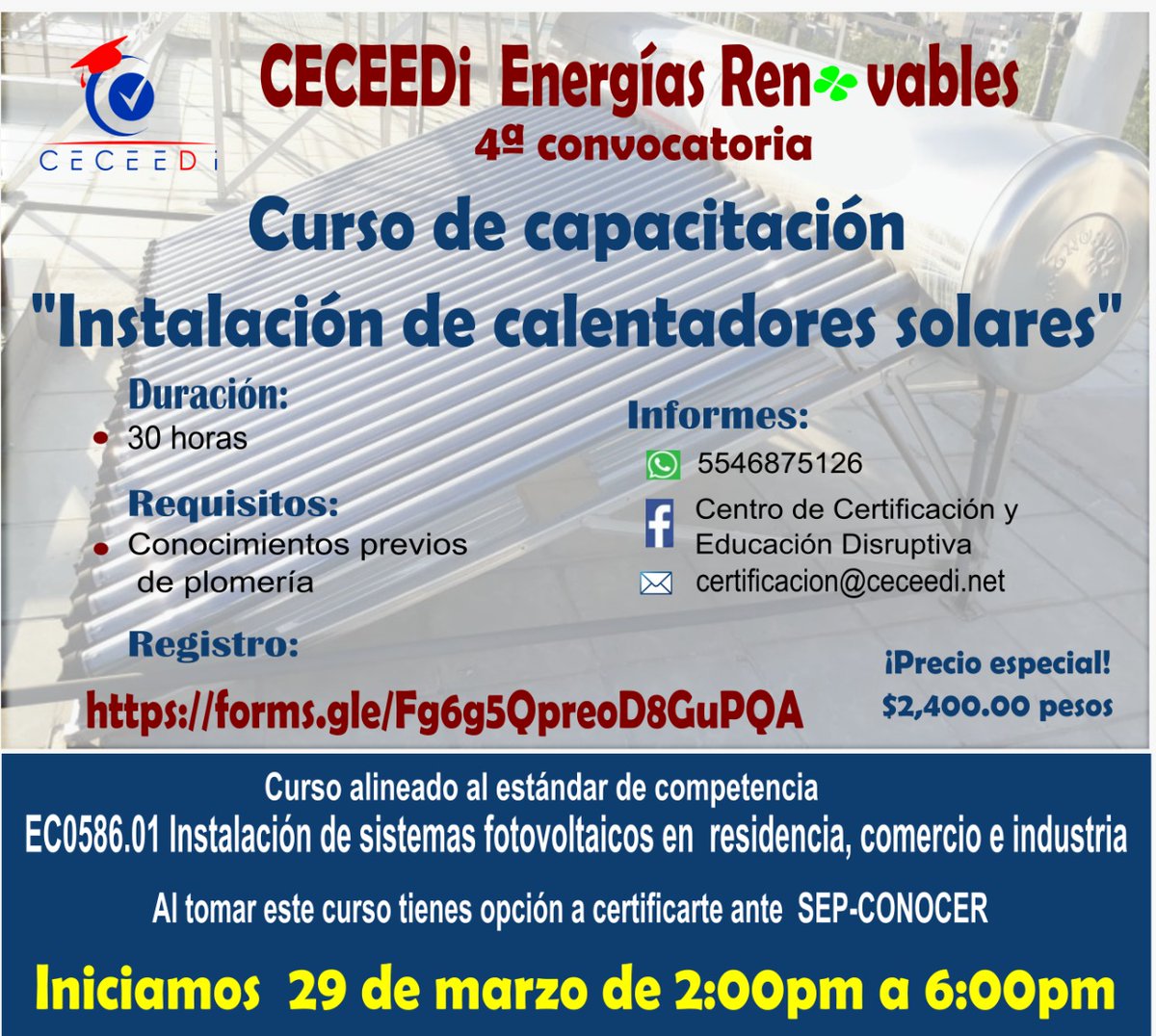 CECEEDi's tweet photo. Cursos próximos a iniciar. Aún tenemos lugares disponibles, no se lo pierdan! Iniciamos 27 y 29 de marzo
#EnergíasRenovables
#CECEEDi
#Certiticación https://t.co/0OOASXIKBh
