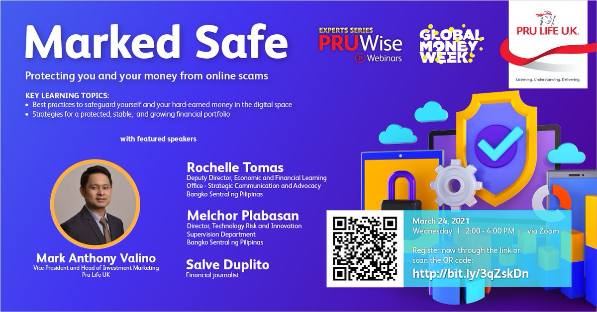 PruLifeUK's tweet photo. [FREE WEBINAR ALERT!] Scan the QR code or register here: https://t.co/wllTJEthQC

In celebration of the Global Money Week, let's talk about ways to protect yourself and your hard-earned money in the digital space!

Participation is for free. https://t.co/lGJhCkLctl
