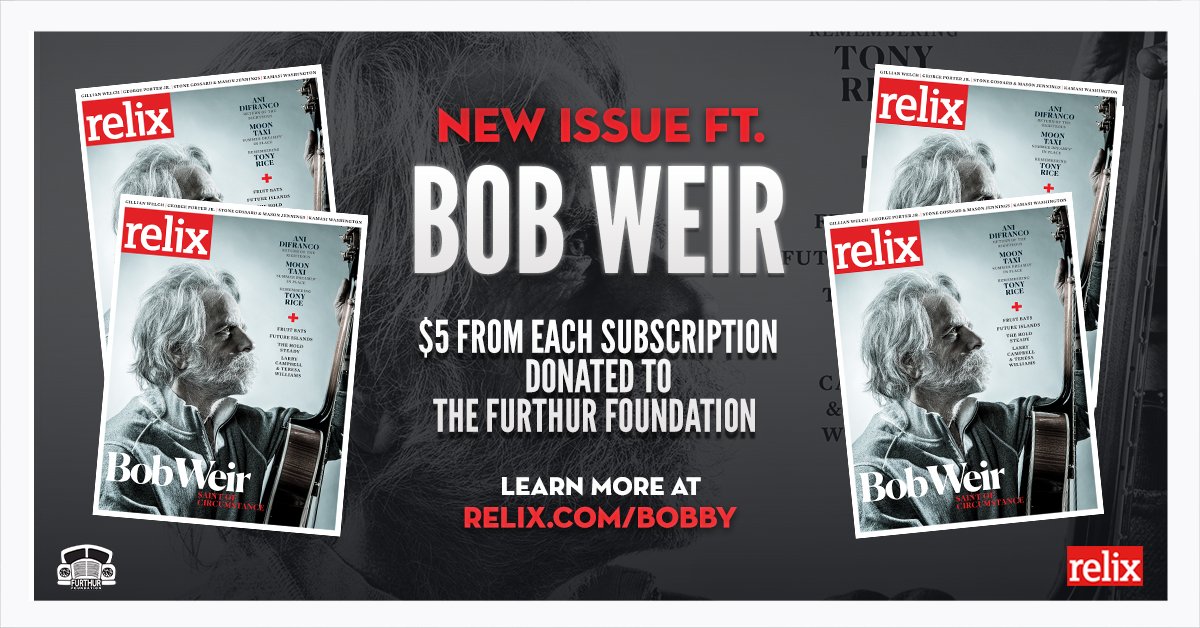 furthurgrants's tweet photo. Last call! In honor of cover boy @BobWeir, the kind folks at @RelixMag are donating $5 to Furthur for each new sub. Time is running out—subscribe by 11:59 PM ET on Monday, March 22nd to receive the Bobby issue as your first. It's sure to be a keeper! <3  https://t.co/U3VsECBFZ5 https://t.co/R9yVrp7uZ2