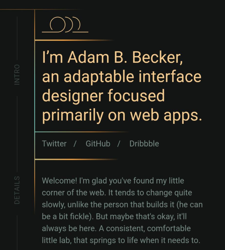 adambbecker's tweet photo. Sunday Side Project (vol. 6)

Seven years later, new personal site. These are always simultaneously fun and terrifying to work on. Went with a "cover page" variation this time.

https://t.co/gOodUkGjCq

- public version: 4 (since 2010)
- private version: 12 (don't deploy most) https://t.co/wIg4SIUWps