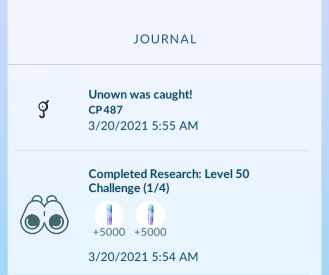 Desphaleum's tweet photo. "J" Unown from Level 50 Challenge research reward!
A new one for me 😆
#PokemonGo #PokemonGOBeyond https://t.co/5uQLVHSfe8