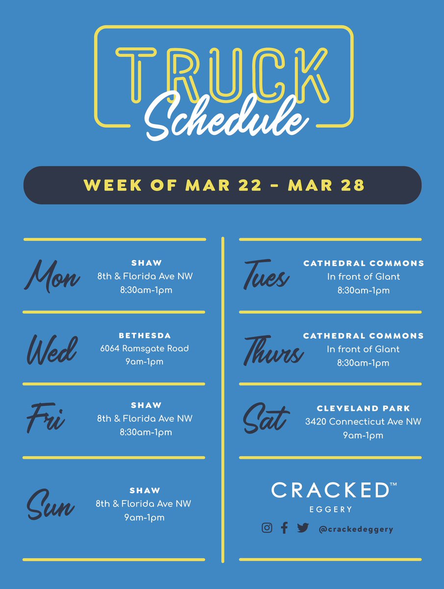 crackedeggery's tweet photo. Here's the schedule for the week of March 22 - March 28! Come check us out in-person or order delivery through Doordash!  

#dcfoodtrucks #bigeggenergy #WashingtonDC #supportsmallbusiness #supportlocal https://t.co/zr9vilF8Xg