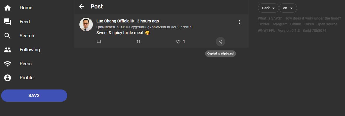 #SAV3 Features

Want to link a user to a specific post?

Simply hit the share icon, which copies the link to the clipboard.

You don't need to follow the user to see their post!

#DeleteFacebook #FreeSpeech #Uncensored #FreedomOfSpeech #DeleteTwitter #Freedom #SocialMedia #ETH
