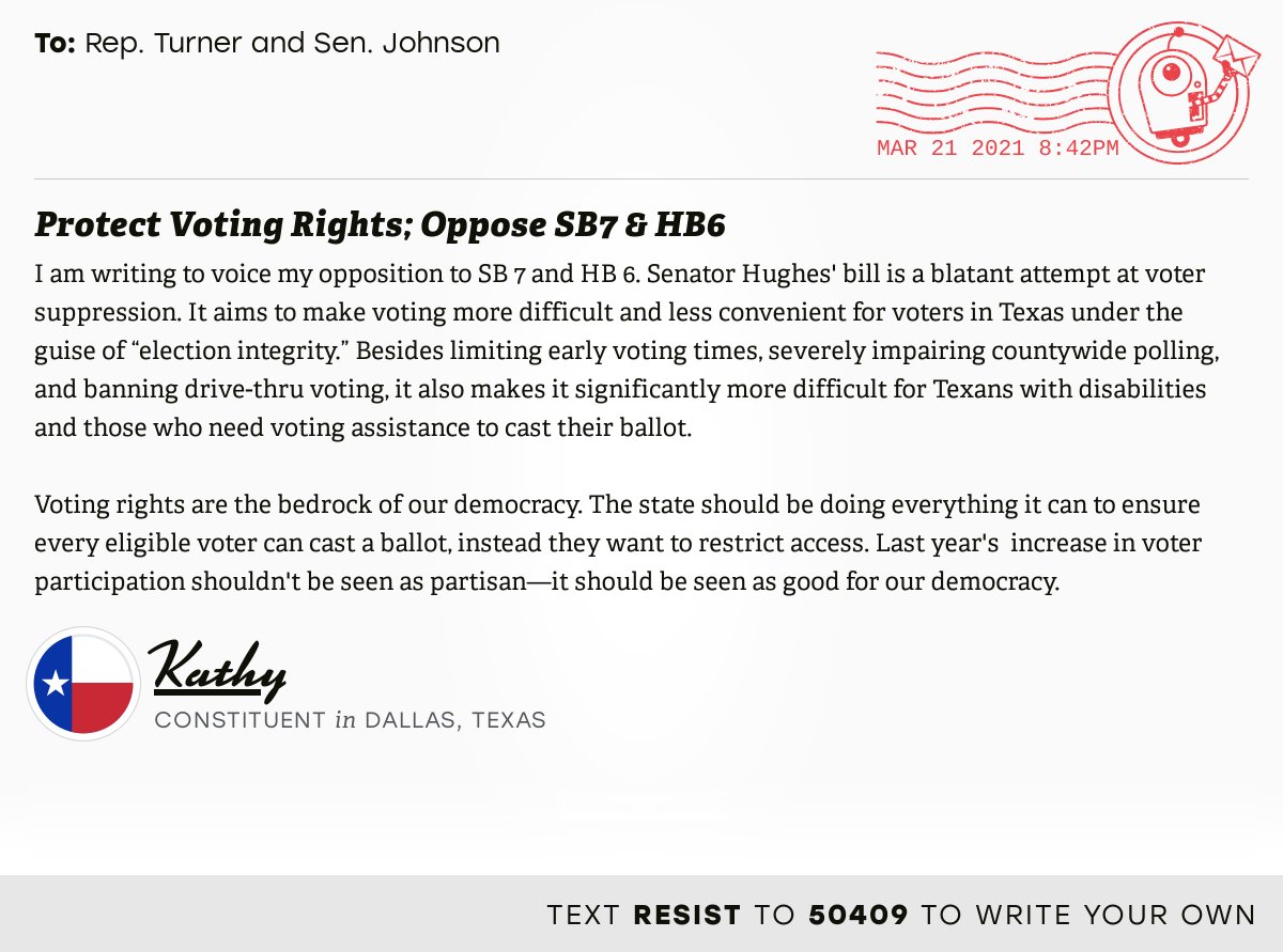 openletterbot's tweet photo. 📬 I delivered “Protect Voting Rights; Oppose SB7 &amp; HB6” from Kathy, a constituent in Dallas, Texas, to Rep. Turner and Sen. Johnson  #TXpolitics

📝 Write your own: https://t.co/z5540KFSKD https://t.co/rFF1WqPYTW
