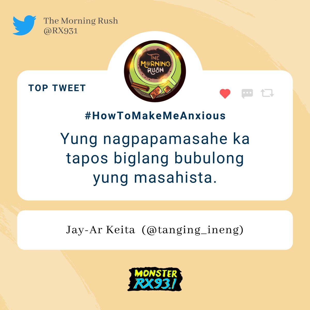 RX931's tweet photo. #HowToMakeMeAnxious from @tanging_ineng
#TheMorningRush https://t.co/X5SgckoWbO