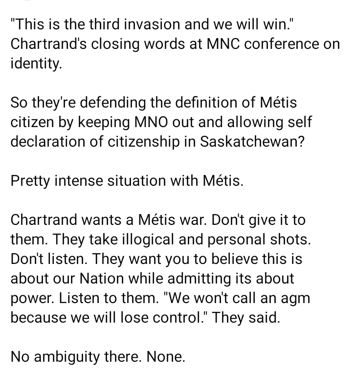 LADYALEXANDRIA's tweet photo. @MirandaMoranSK @shewillspeakout @MikeRow03877374 @malone_j71 @AcadieProud @vondollo There is no doubt, in my opinion MMF #DavidChartrand is a #Dictator , there is NO #Democracy within the #MetisNation , #Metis . This was at this weekend's Conference. Scary times.@Carolyn_Bennett
@CrownIndigenous @MarcMillerVM , @Min_IndServ , @JustinTrudeau https://t.co/71C3xoDy51