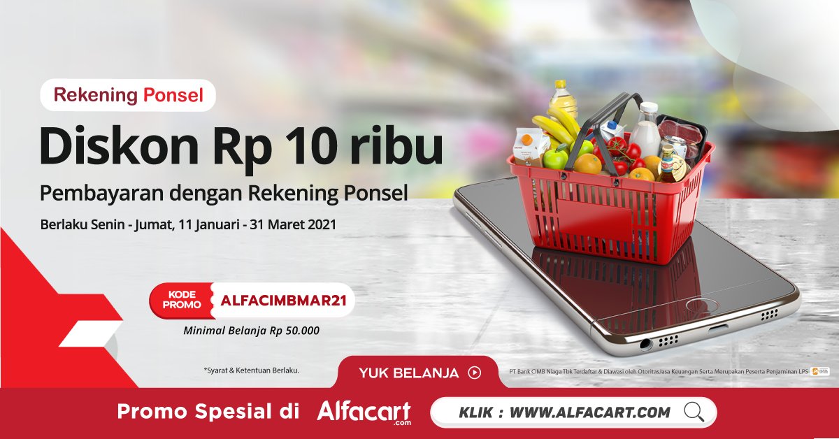Alcartian! Saat mau belanja di Alfacart pakai Rekening Ponsel aja supaya Kamu dapat potongan ekstra 10ribu! Hemat banget kan!

Semakin mudah belanja kebutuhanmu #DariRumahAja pakai aplikasi Alfacart! Klik link ini untuk nikmati promonya >> alfa.id/rekpontw