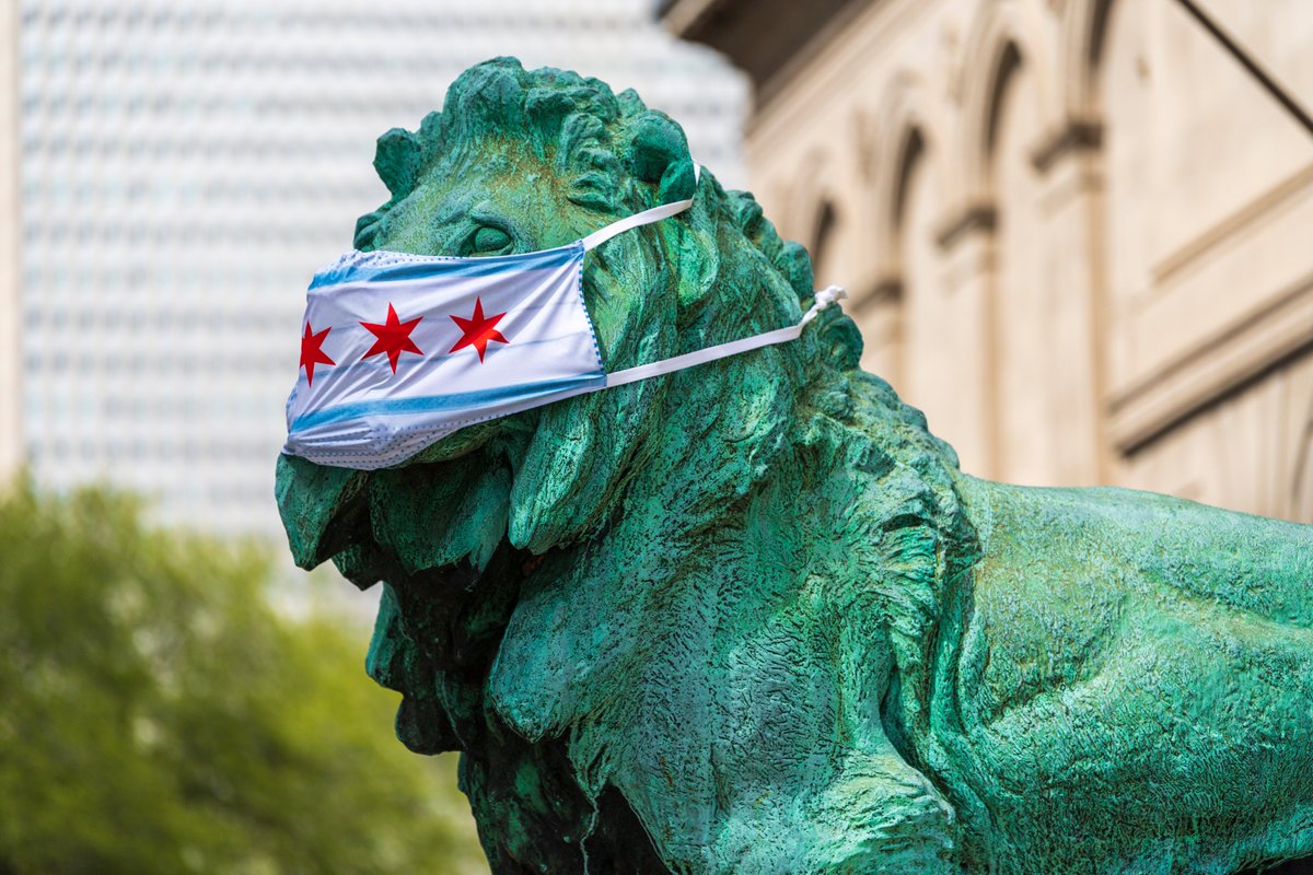 This is a photo of the Art Institute lion with a Chicago mask on.