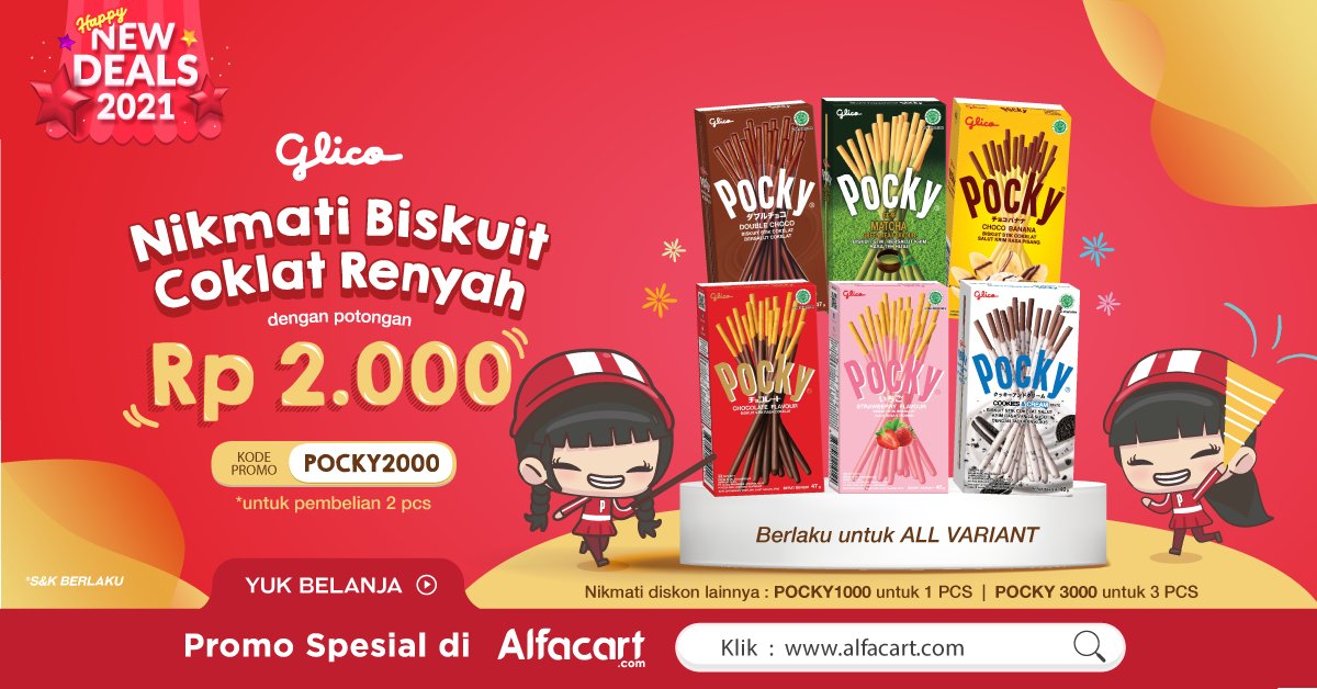 Alcartian! Nikmati biskuit renyah berlapis coklat terlaris didunia yakni POCKY bersama dengan keluarga dan teman! Beli di Alfacart dapatkan potongan 2ribu!

Semakin mudah belanja kebutuhanmu #DariRumahAja pakai aplikasi Alfacart! Nikmati promonya >> alfa.id/pockyjantw