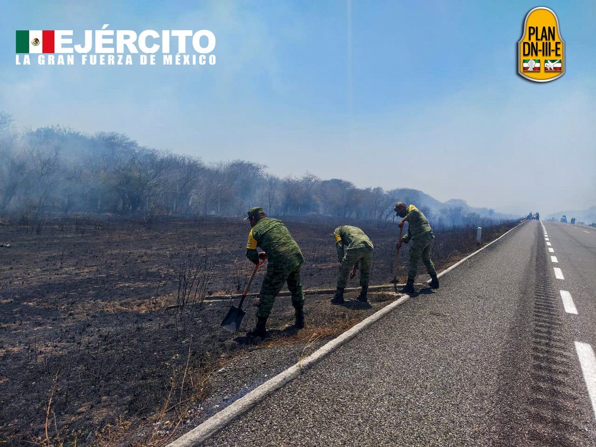 Defensamx1's tweet photo. Elementos pertenecientes a la #46ZonaMilitar  aplican el #PlanDNIIIE sofocando un incendio forestal sobre la carretera Ixtepec-Salinas Cruz, en el kilometro 43-44 del estado de #Oaxaca
#UnidosSomosLaGranFuerzaDeMéxico #CadaDíaCadaSoldadoPorCadaMexicano https://t.co/PE24eHiDNH