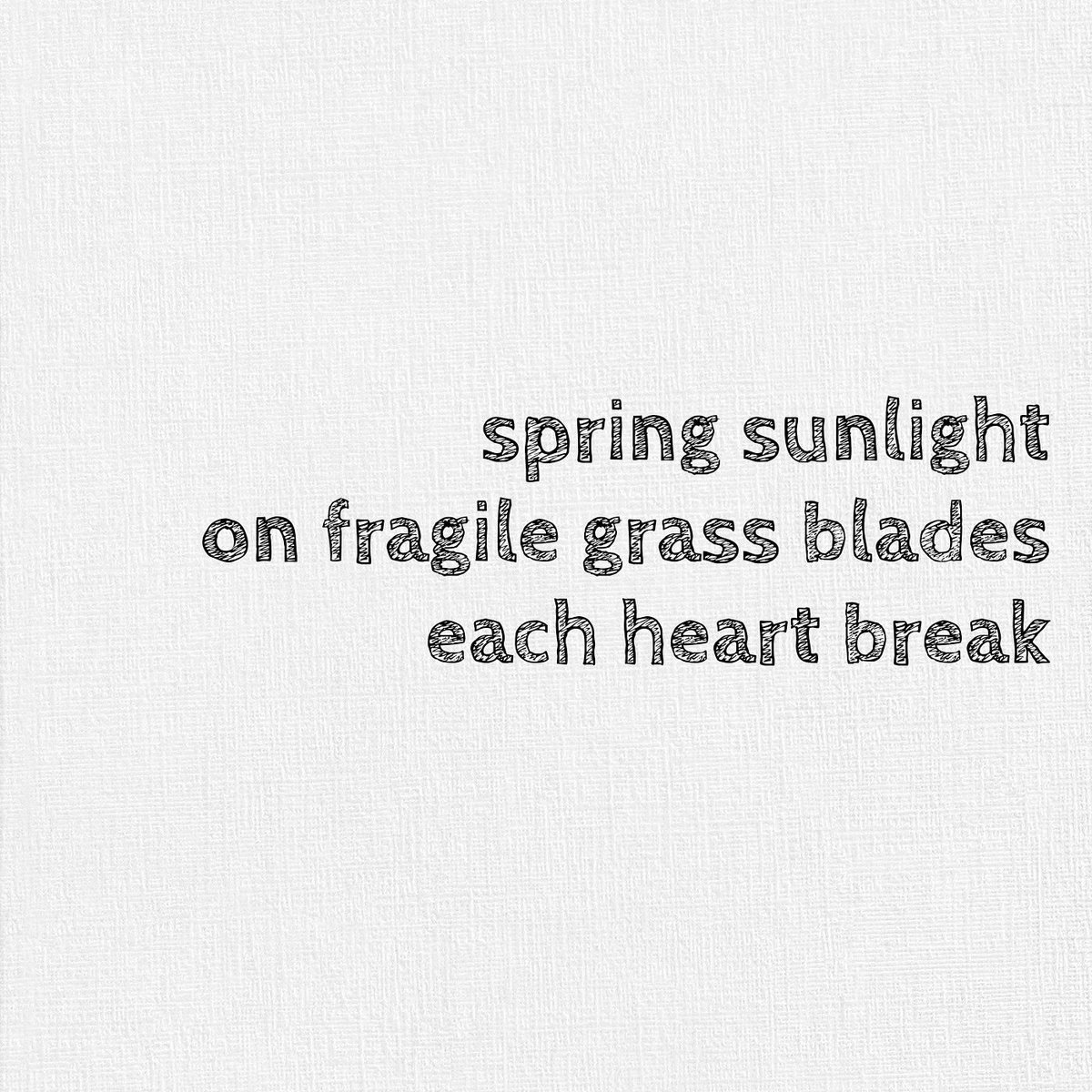 readwritehaiku's tweet photo. spring sunlight
on fragile grass blades
each heart break
#haiku #haikupoetry #haikupoem #poem #poet #poetry #poetrylovers #poems #micropoetry #micropoem #spring #sunlight #fragile #grass #heart #heartbreak #readwriterepeat #readwritehaiku #readwriteponder #readponderwrite https://t.co/AkY25xhvwh