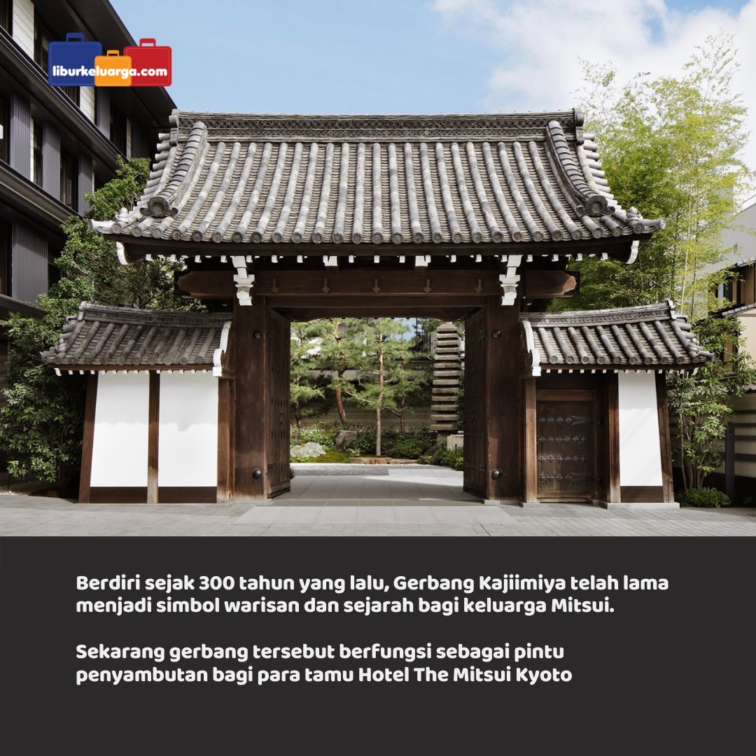Berdiri sejak 300 tahun yang lalu, Gerbang Kajiimiya telah lama menjadi simbol warisan dan sejarah bagi keluarga Mitsui. Sekarang gerbang tersebut berfungsi sebagai pintu penyambutan bagi para tamu Hotel The Mitsui Kyoto.

#liburkeluarga #japan #wisata #hotel