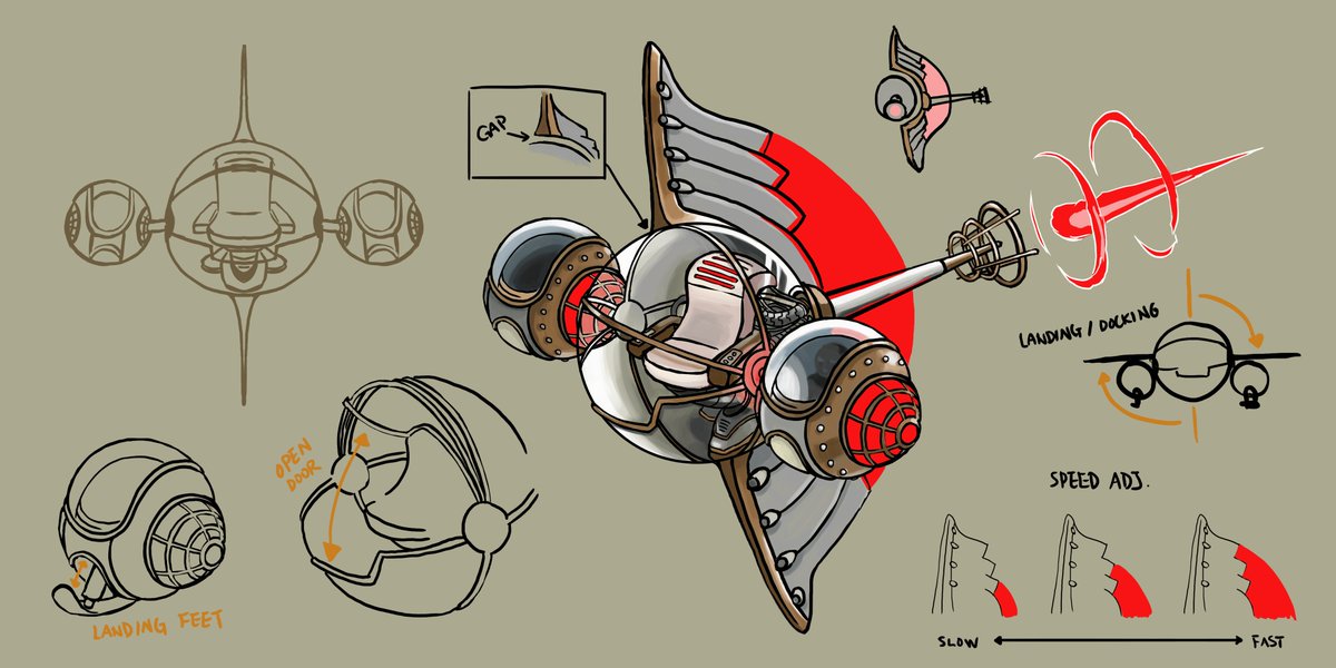 SikandaGame's tweet photo. A #concept of some of the #steampunk elements we are adding to #Sikanda: This transport vessel is used by the villains to conveniently travel across Galintrea or to retreat from fights when heroes suddenly awake hidden powers.

#indiegames #gamedev #game #NintendoSwitch #PS4 https://t.co/ROKPbC8cJy