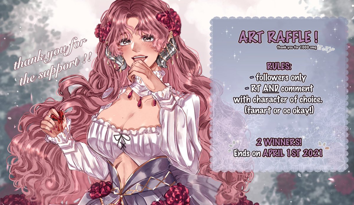 Atelier_Aka's tweet photo. [ Art Raffle 🎉 ] thank you for the 1000 omg🥺✨! 

To enter: 
🌸 RT &amp; Follow (new followers welcomed)
🌸 Comment with ref of character/oc please ^^

Prize: detailed half-body + simple background 
Ends on April 1st hehe. Thank you so much for all the support all these years ! https://t.co/dnYxghKxiR