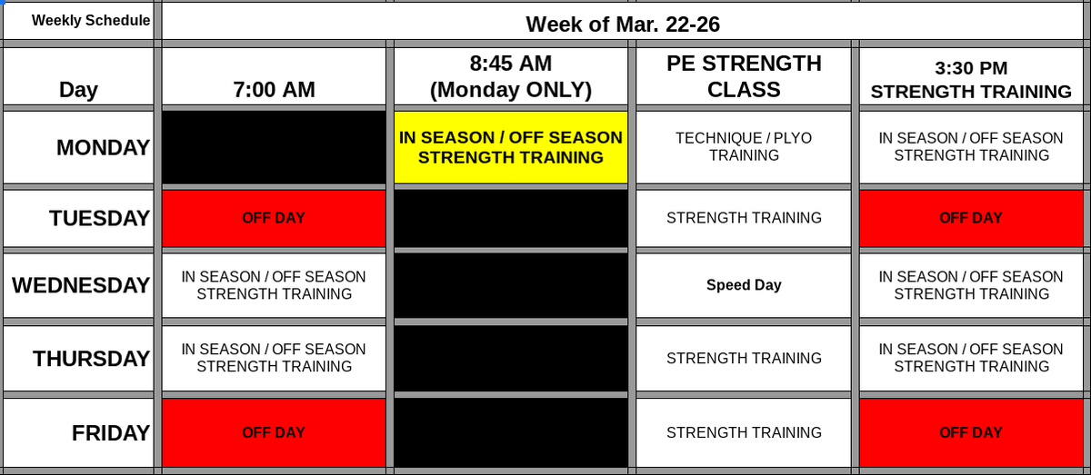 CometStrength's tweet image. Welcome back from Spring Break!  Monday we start our Spring Training Block.  Here is the schedule for this Week.  #StrengthandSpeed