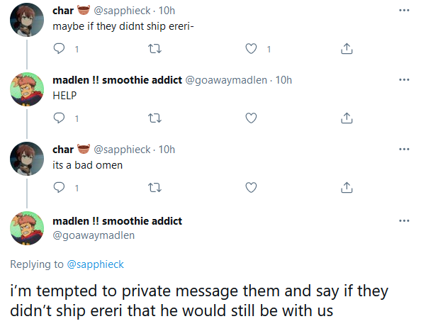 Some of you guys are fucking gross.

(For context, the group was an Ereri / Eren-focused shipping group)