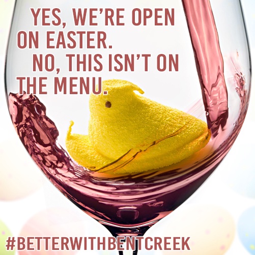 We're taking reservations for Easter now!
#betterwithbentcreek #redblend #syrah #cabernet #livermorewine #livermorevalley #livermorevalleywine #lvwinecountry #livealittlemore #lvwine #winetasting #visittrivalley