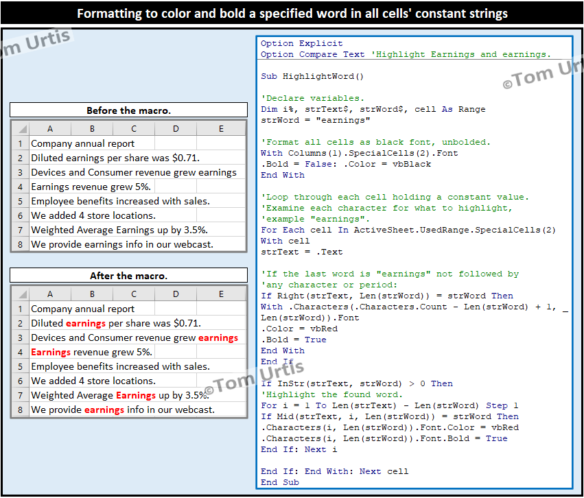 TomUrtis's tweet photo. Formatting to color and bold a specified word in all cells' constant strings. https://t.co/TpYqAJQhzf