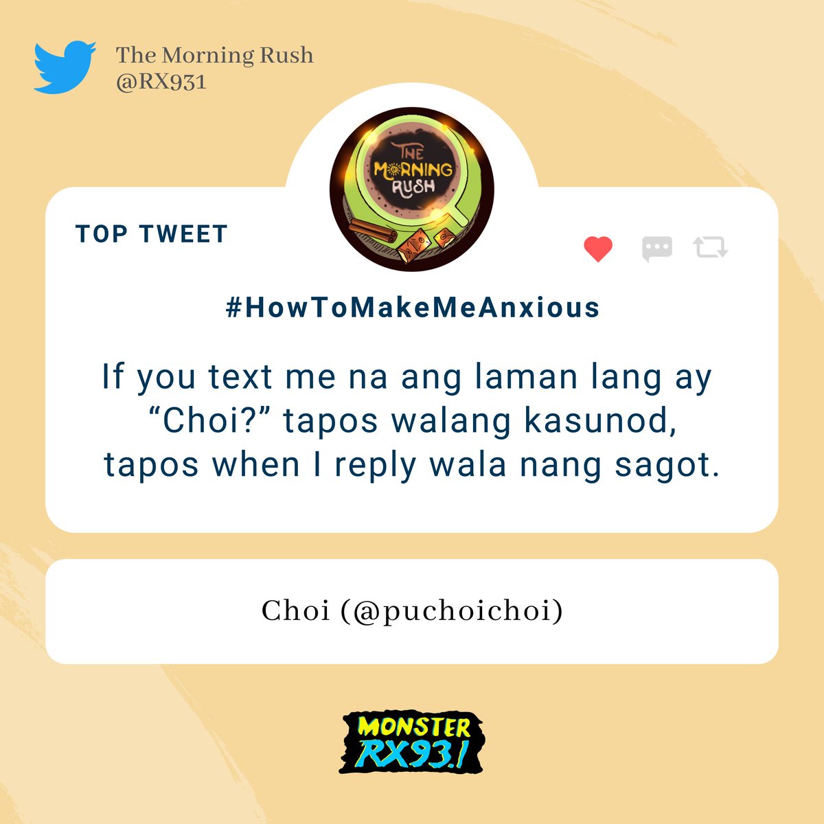 RX931's tweet photo. #HowToMakeMeAnxious from @puchoichoi
#TheMorningRush https://t.co/DFMjCn3DRb