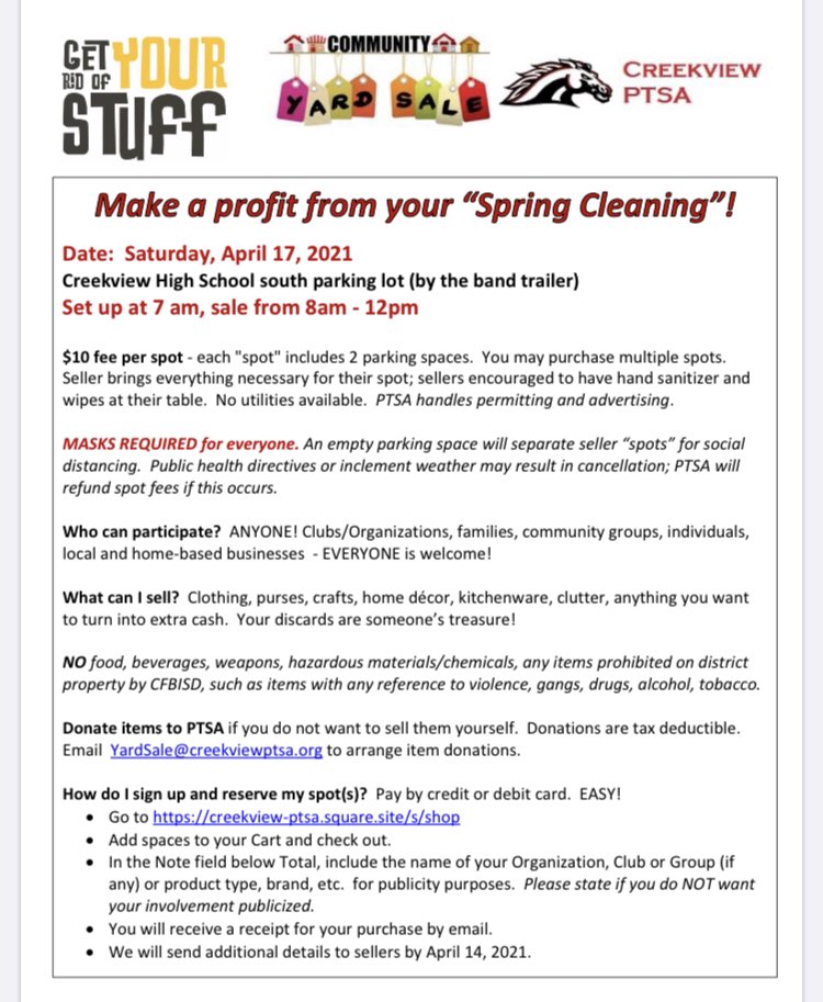 Yard Sale on April 17th!!!! #spring #springclean #GoMustangs #HappySpring